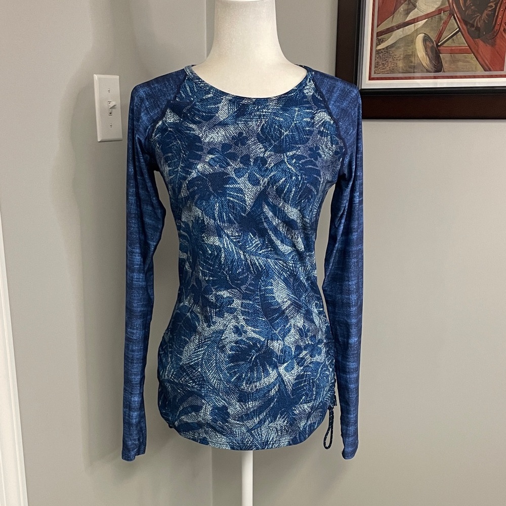 TYR Swim shirt long sleeve UPF drawstring size Large 10/12 blue tropical beach